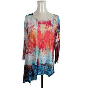 Jess & Jane Medium Sheer Tunic Top Abstract Knit Blue Pink Asymmetrical Artsy